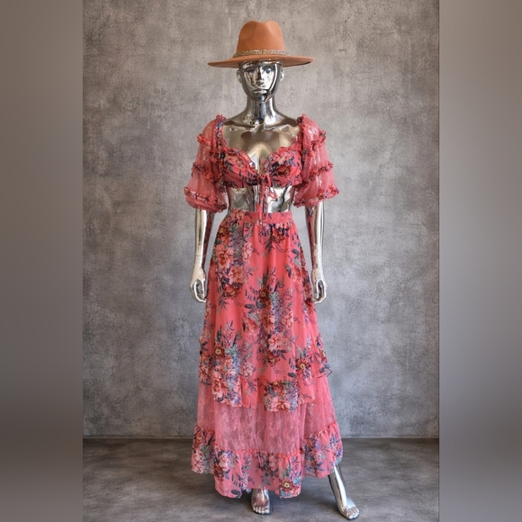 Luxxel Pink Floral Maxi Dress with Puff Sleeves - Picture 1 of 1